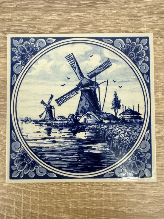 Vintage Delft Blauw Hand Painted Tile Holland Blue White Windmill Wall Art Decor - Picture 5 of 5